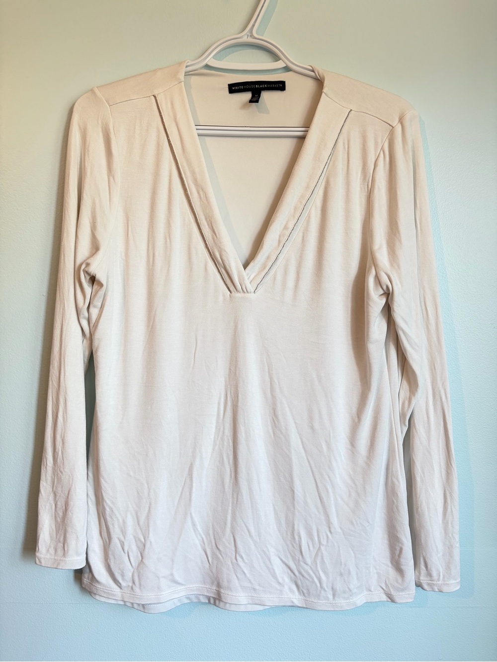 White House Black Market Long-Sleeve V-Neck Top - Elegant Silver Detail - Medium